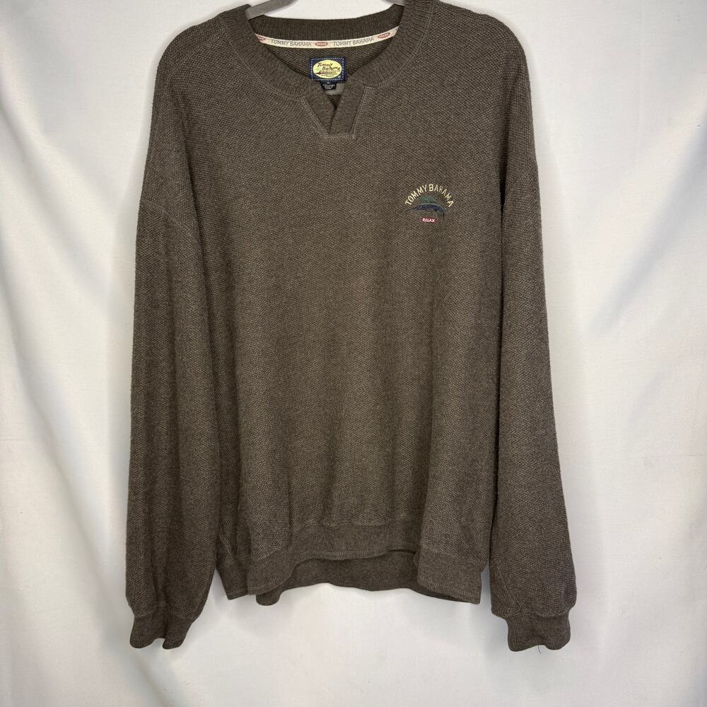 Tommy Bahama Sweater Mens XL Brown 100% Linen V-Neck Relaxed Embroidered Logo